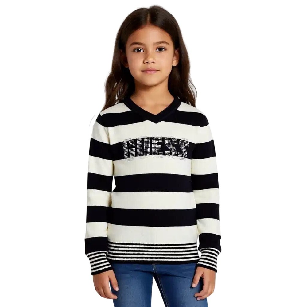 Guess Kids Black White Striped Rhinestone Logo V-Neck‎ Cotton Sweater 6X NWT